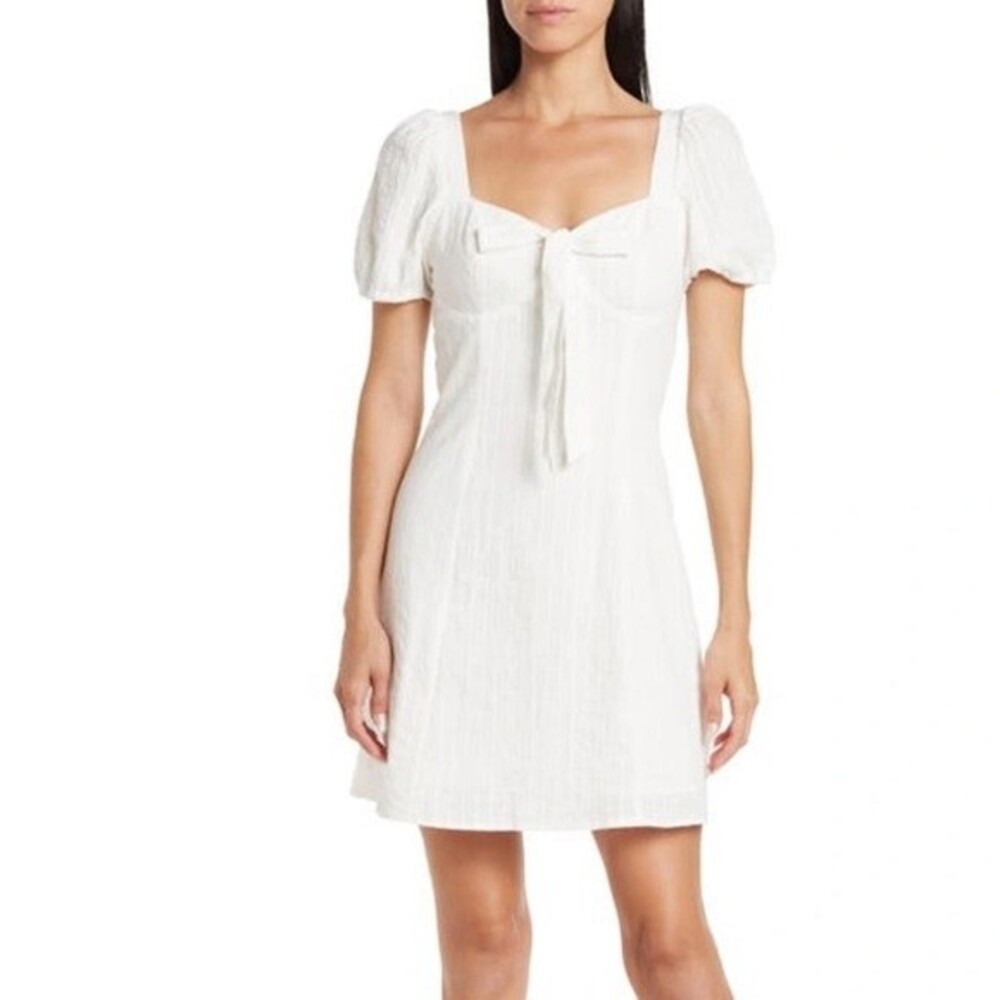Lumiere | Front Knot Puff Sleeve White Mini Dress Bridal Shower‎ Engagement L
